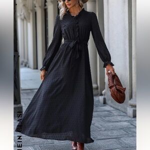 🖤SHEIN• Black, Swiss Dot, Frill Trim, Belted Dress• L